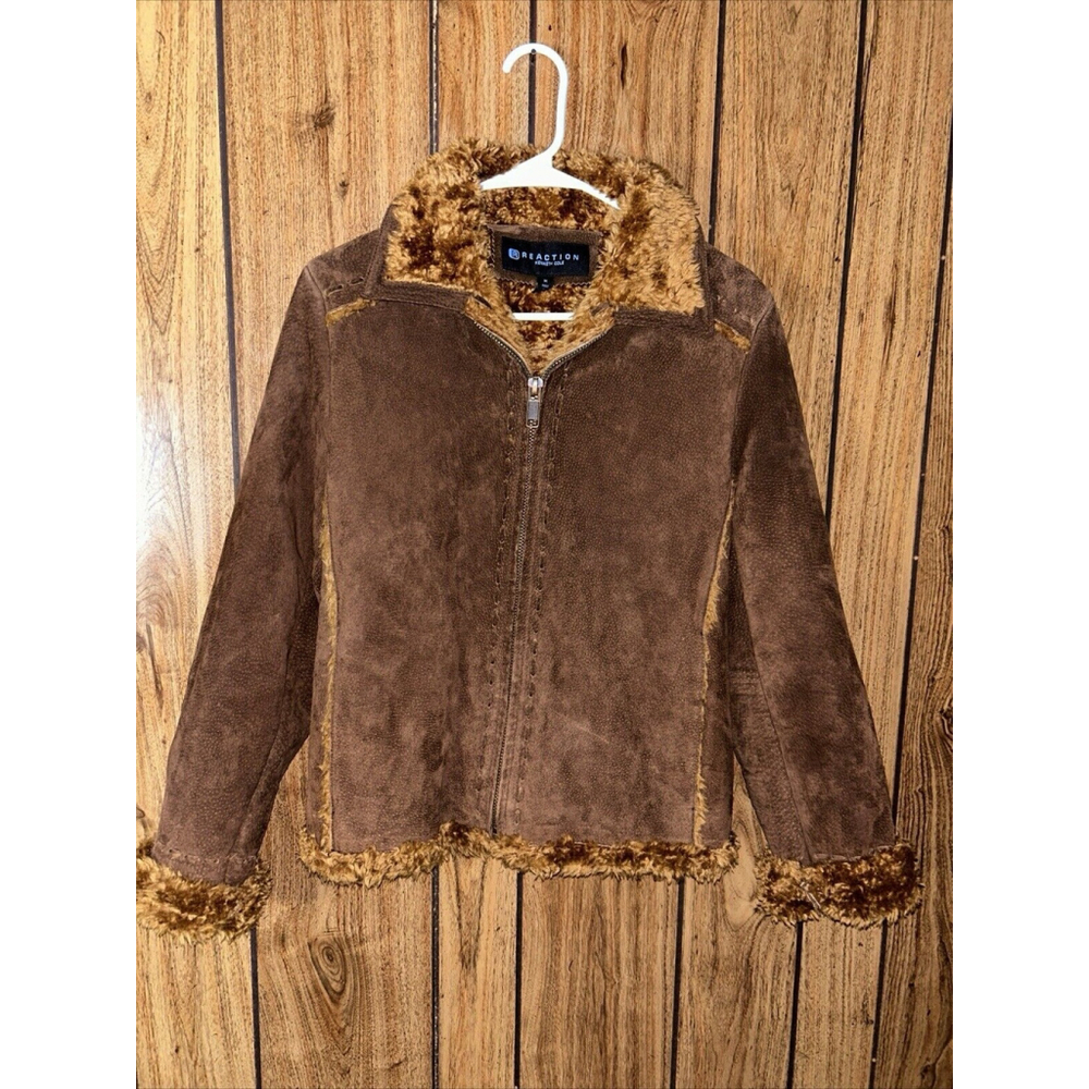 KENNETH COLE REACTION Women's size M Leather Jacket Coat FauxFur Lining Zip Y2K - Picture 2 of 9